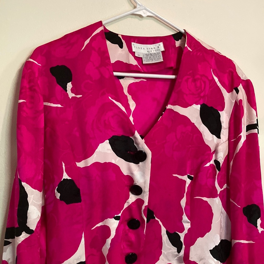 100% Silk Bright Pink Floral Button Front Blouse Jacket Blazer Vintage Tropical